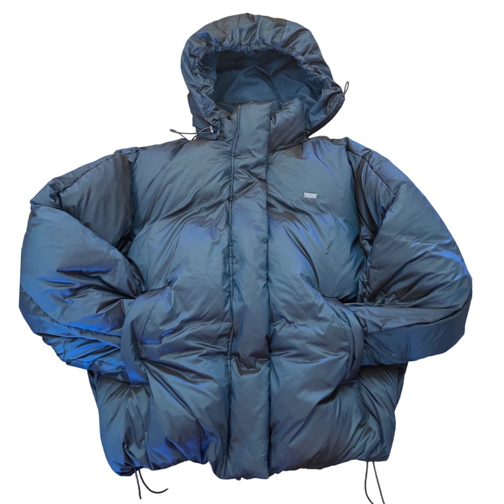 Levis Mens XL Puffer Jacket Teal Blue Hooded Quilted Insulated Coat Batwing Logo